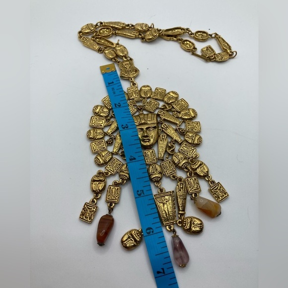 Vtg Goldette Nefertiti Egyptian Gold Tone Medallion w Stones 17” + 7” Drop Rare - Picture 7 of 9